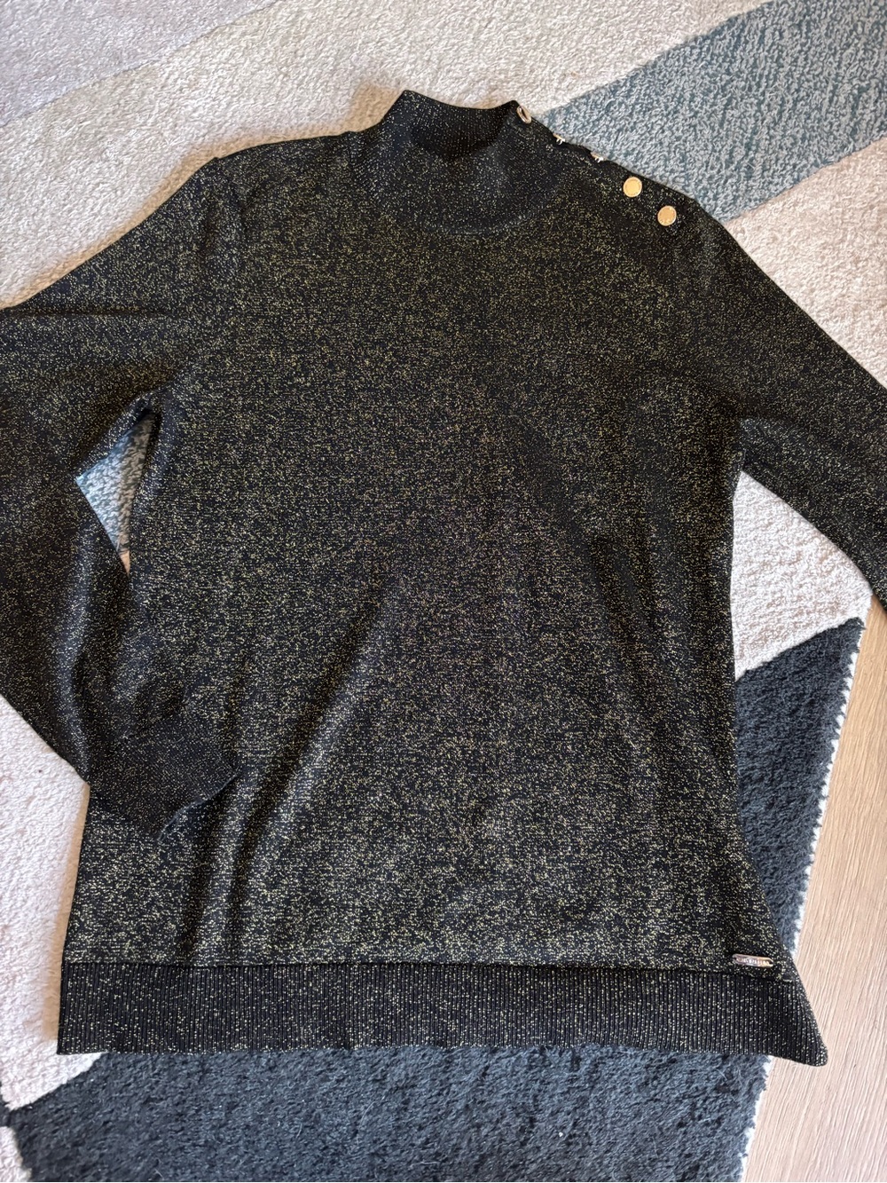 Calvin Klein Mock Neck Sweater Black Metallic Gold Buttons Womens Size M